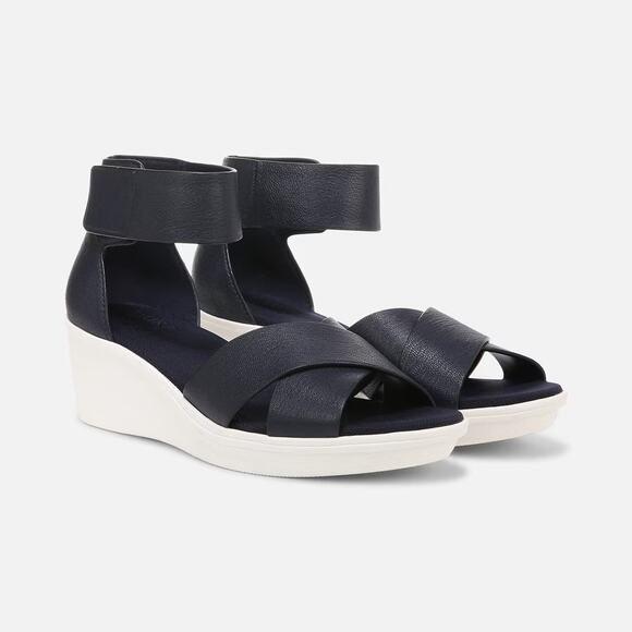 Naturalizer Women's 7.5M Navy Leather Riviera Wedge Sandals Ankle Strap LB9-2 - Picture 1 of 8